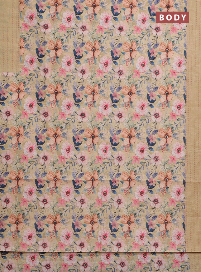 Semi tussar saree sandal with floral prints and kantha stitch work border