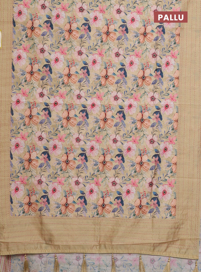 Semi tussar saree sandal with floral prints and kantha stitch work border