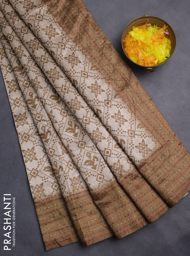 Semi tussar saree beige and mehendi green with allover prints and kantha stitch work border