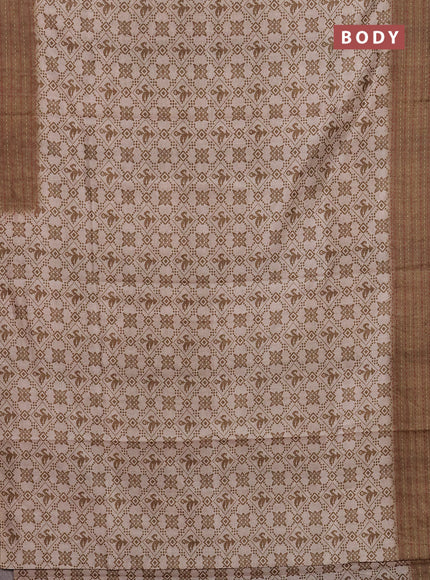 Semi tussar saree beige and mehendi green with allover prints and kantha stitch work border