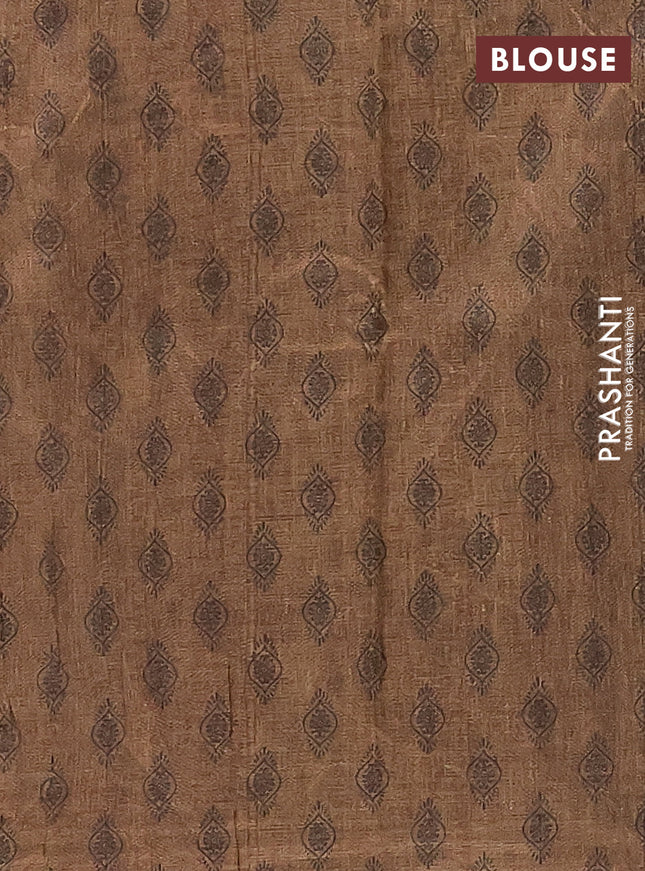 Semi tussar saree beige and mehendi green with allover prints and kantha stitch work border