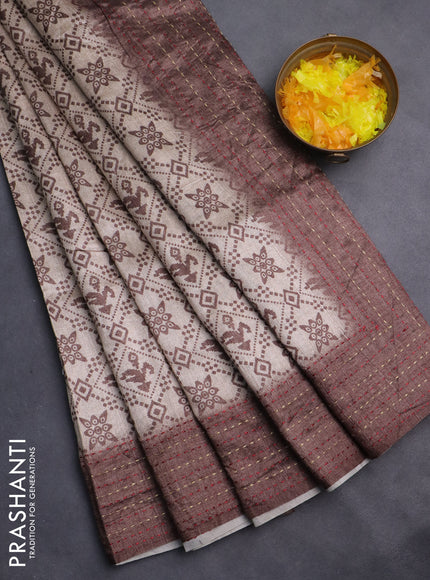 Semi tussar saree beige and brown with allover prints and kantha stitch work border