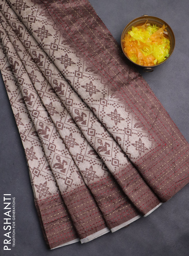Semi tussar saree beige and brown with allover prints and kantha stitch work border