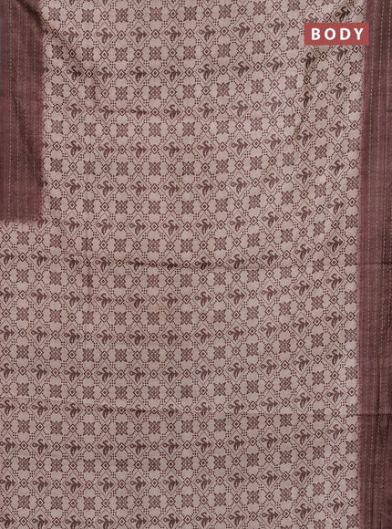 Semi tussar saree beige and brown with allover prints and kantha stitch work border