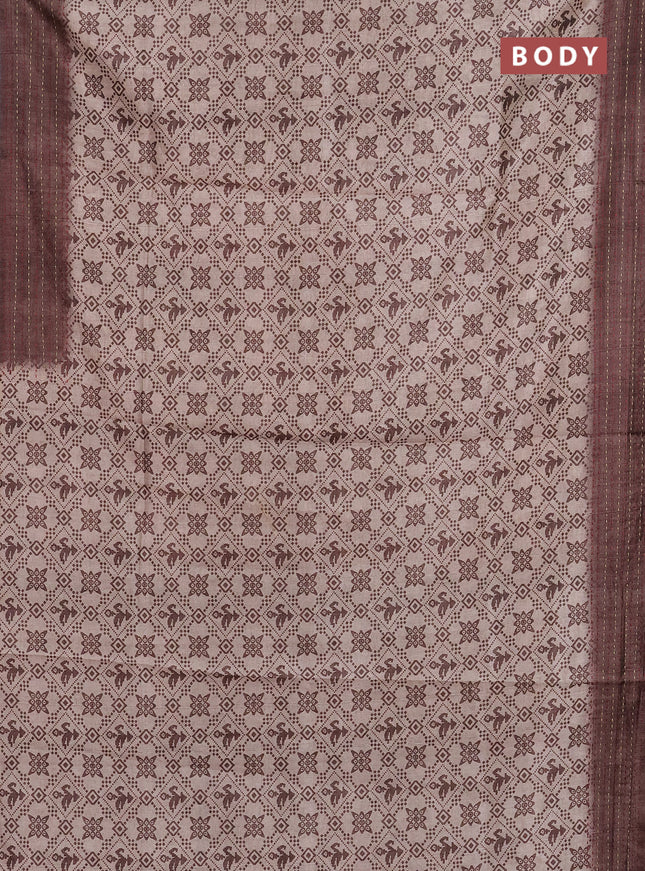 Semi tussar saree beige and brown with allover prints and kantha stitch work border