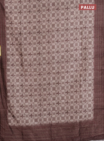 Semi tussar saree beige and brown with allover prints and kantha stitch work border