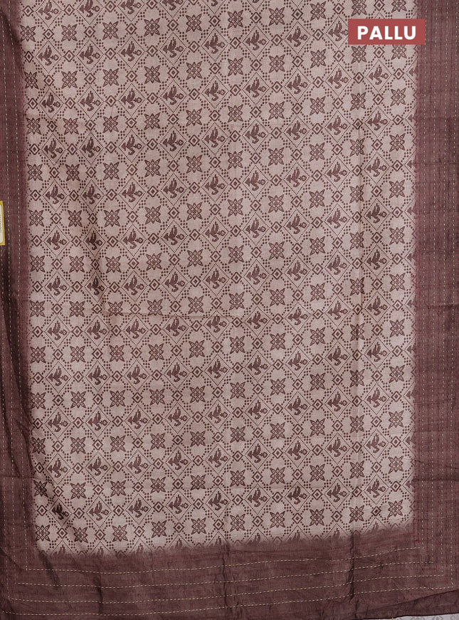 Semi tussar saree beige and brown with allover prints and kantha stitch work border
