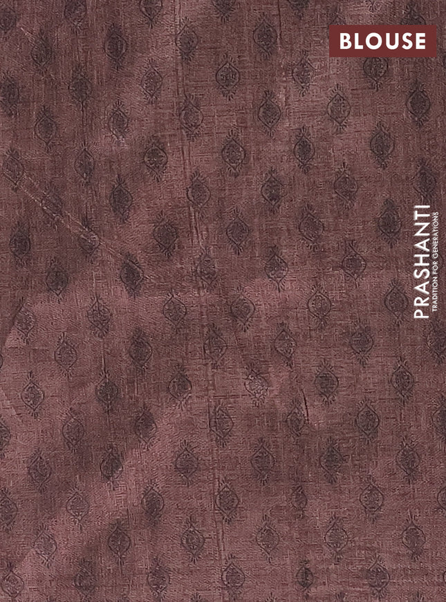 Semi tussar saree beige and brown with allover prints and kantha stitch work border