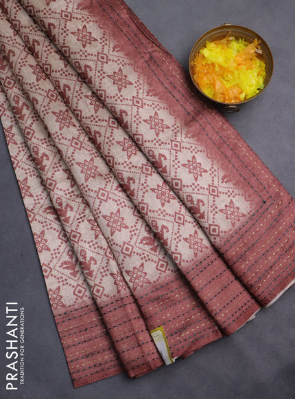 Semi tussar saree beige and brown with allover prints and kantha stitch work border