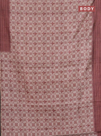 Semi tussar saree beige and brown with allover prints and kantha stitch work border