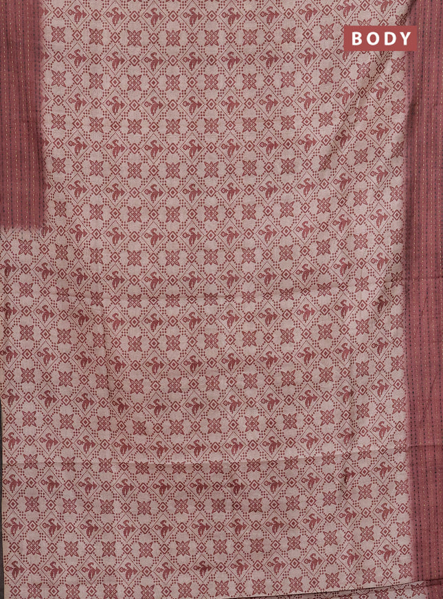 Semi tussar saree beige and brown with allover prints and kantha stitch work border