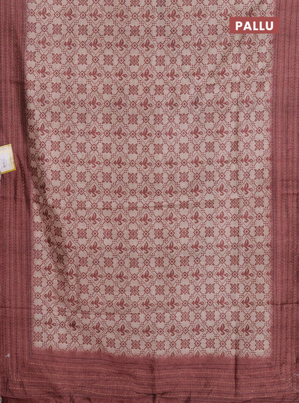 Semi tussar saree beige and brown with allover prints and kantha stitch work border