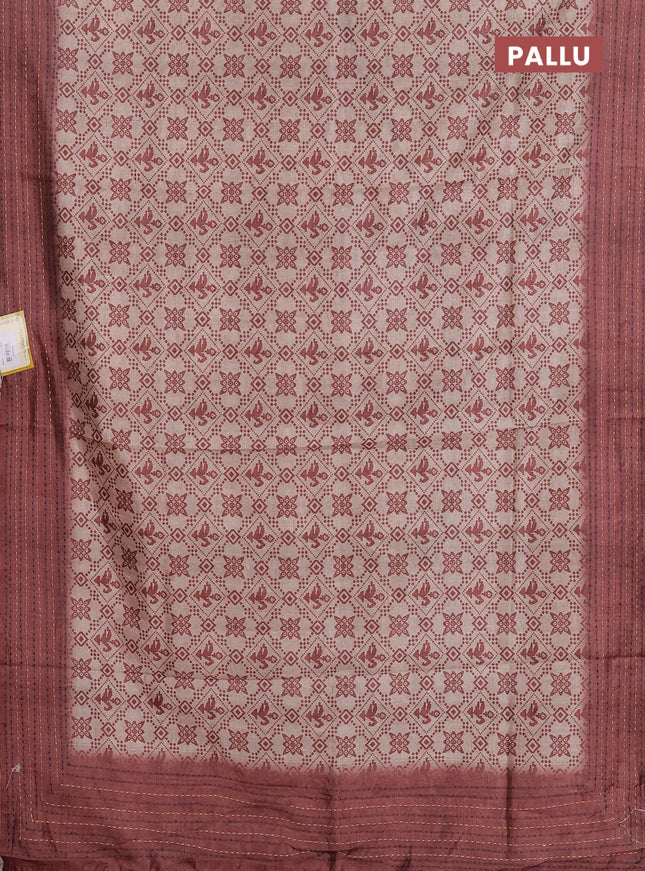 Semi tussar saree beige and brown with allover prints and kantha stitch work border