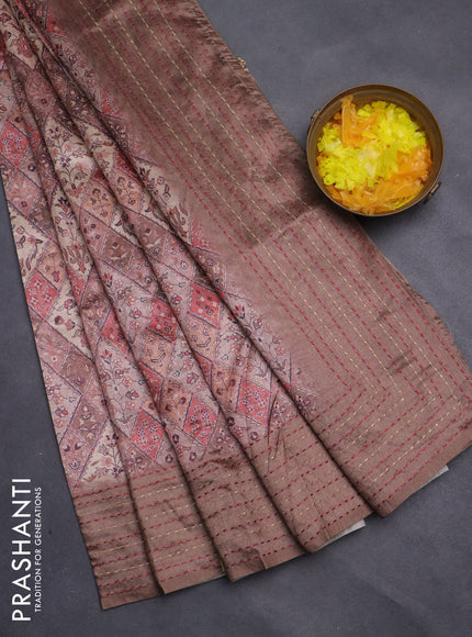 Semi tussar saree pastel brown and brown with allover prints and kantha stitch work border