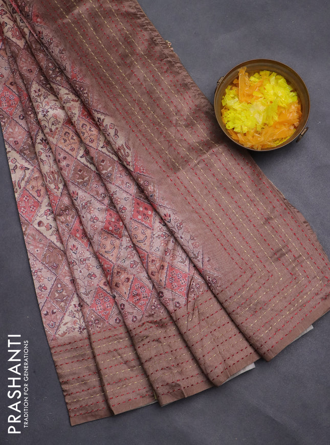 Semi tussar saree pastel brown and brown with allover prints and kantha stitch work border