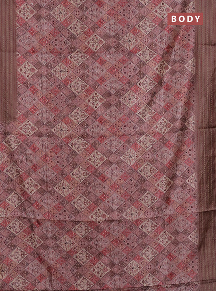 Semi tussar saree pastel brown and brown with allover prints and kantha stitch work border