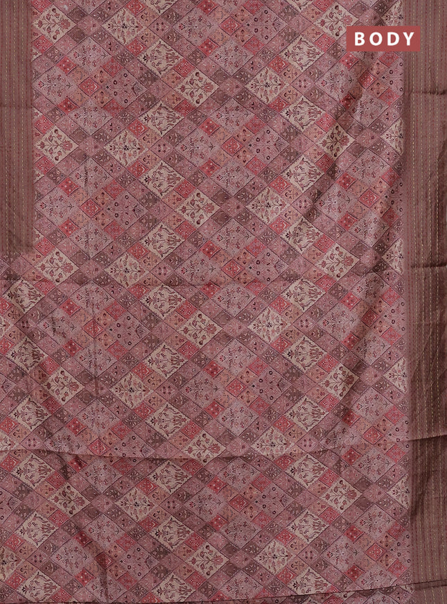 Semi tussar saree pastel brown and brown with allover prints and kantha stitch work border