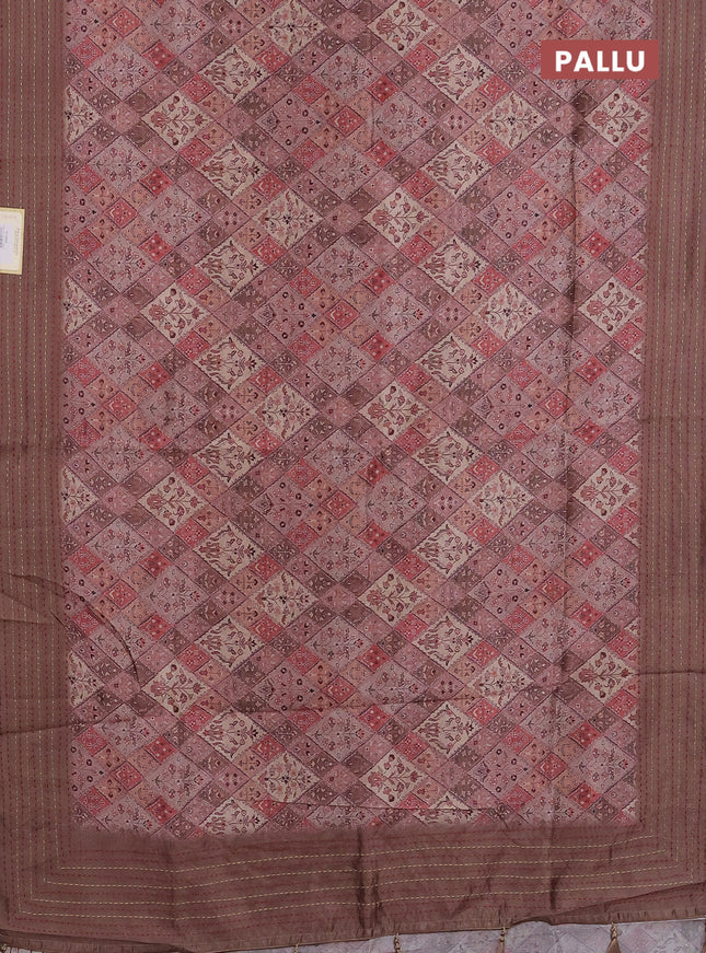 Semi tussar saree pastel brown and brown with allover prints and kantha stitch work border