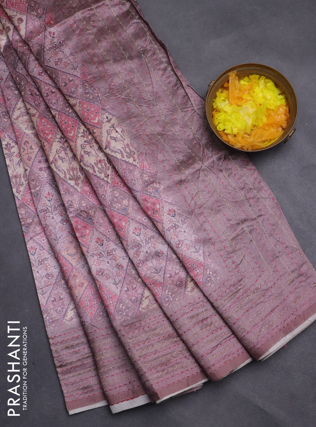 Semi tussar saree pastel pink and rosy brown with allover prints and kantha stitch work border