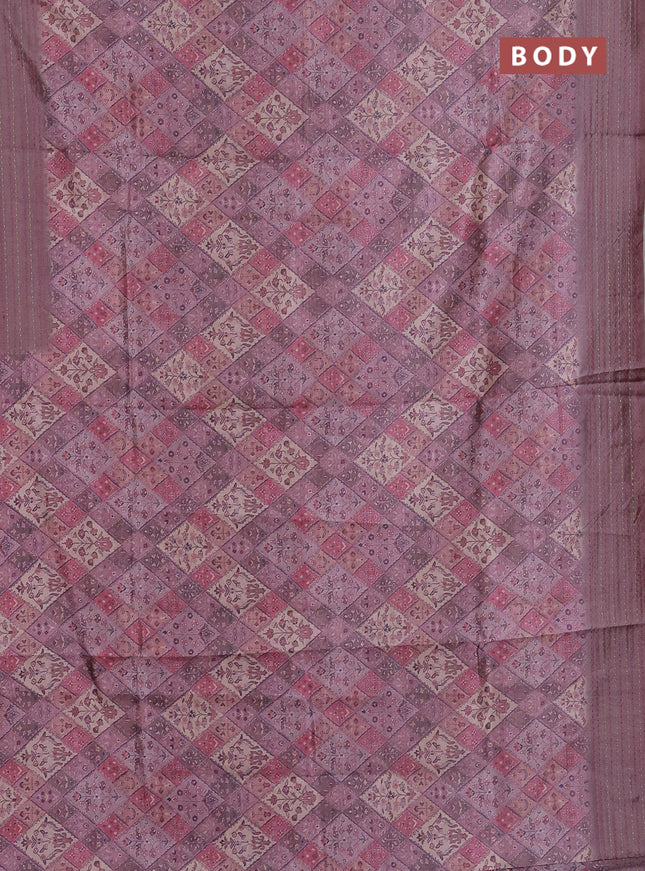 Semi tussar saree pastel pink and rosy brown with allover prints and kantha stitch work border