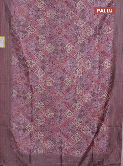 Semi tussar saree pastel pink and rosy brown with allover prints and kantha stitch work border