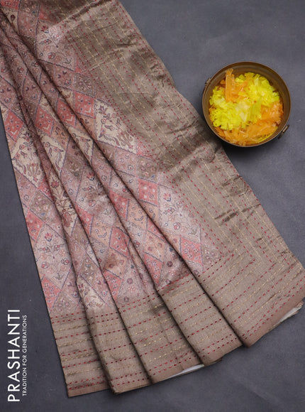 Semi tussar saree brown and chikku shade with allover prints and kantha stitch work border