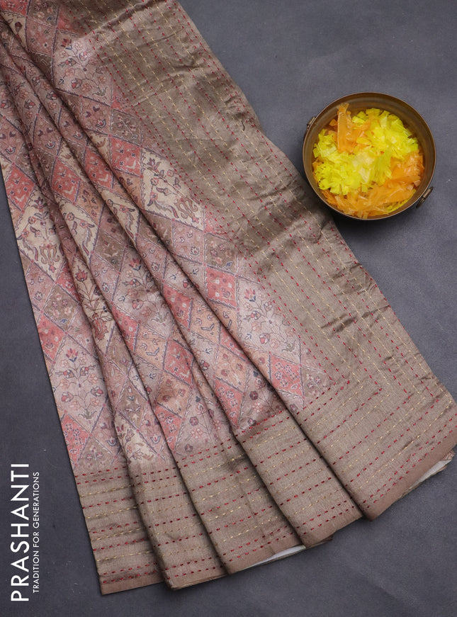 Semi tussar saree brown and chikku shade with allover prints and kantha stitch work border