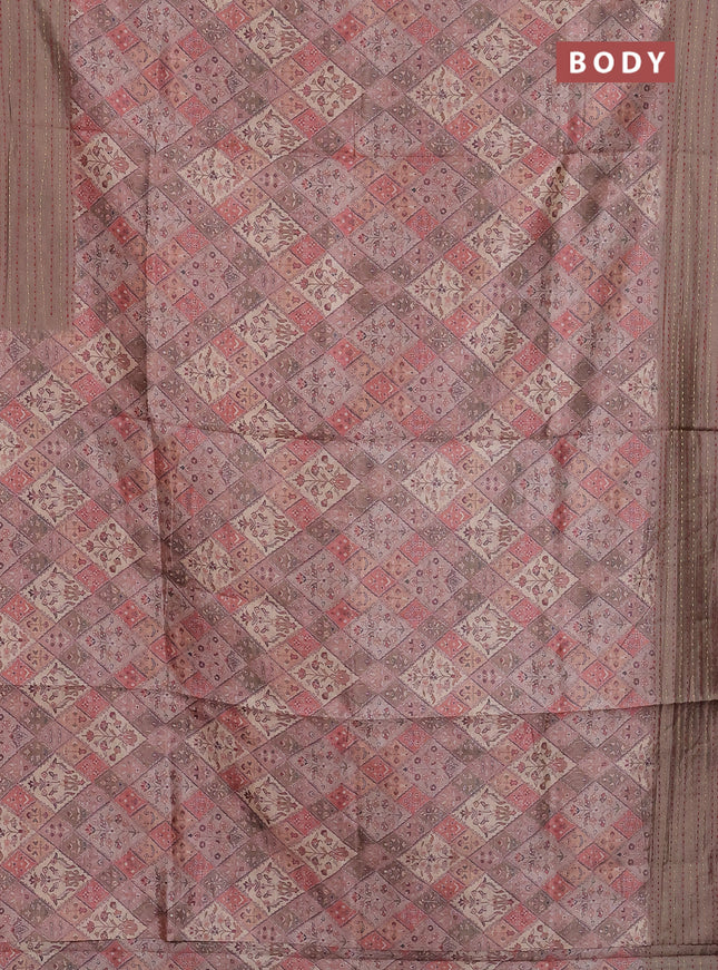 Semi tussar saree brown and chikku shade with allover prints and kantha stitch work border