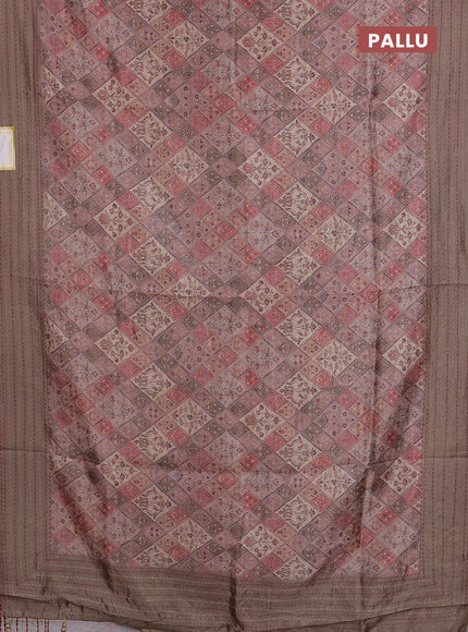 Semi tussar saree brown and chikku shade with allover prints and kantha stitch work border
