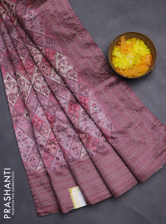 Semi tussar saree pastel pink and rosy brown with allover prints and kantha stitch work border