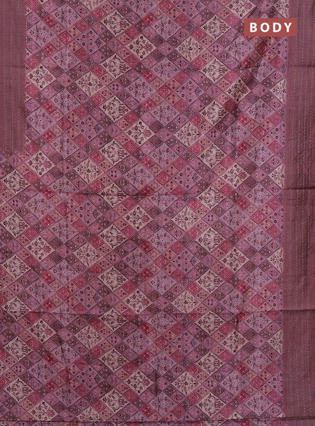 Semi tussar saree pastel pink and rosy brown with allover prints and kantha stitch work border