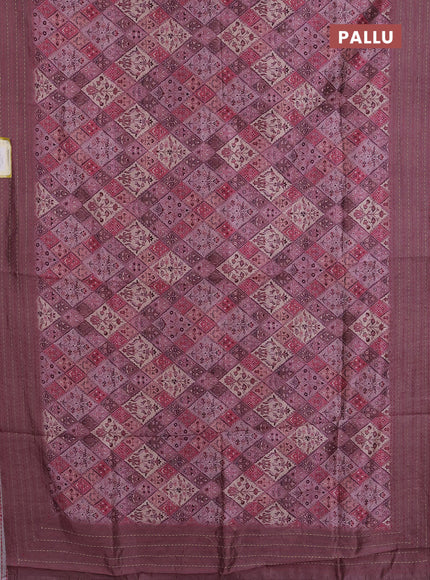 Semi tussar saree pastel pink and rosy brown with allover prints and kantha stitch work border