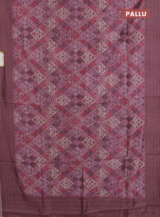 Semi tussar saree pastel pink and rosy brown with allover prints and kantha stitch work border