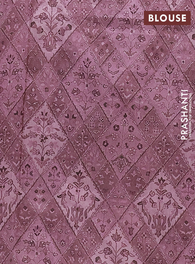 Semi tussar saree pastel pink and rosy brown with allover prints and kantha stitch work border