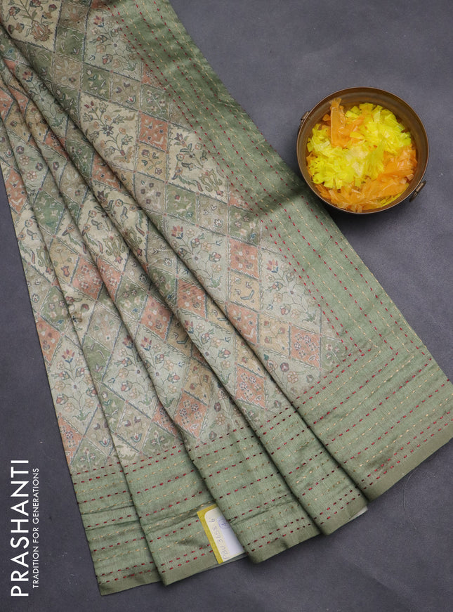 Semi tussar saree green shade and green with allover prints and kantha stitch work border