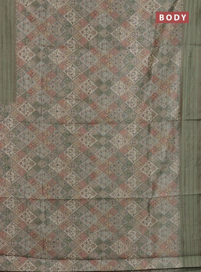 Semi tussar saree green shade and green with allover prints and kantha stitch work border