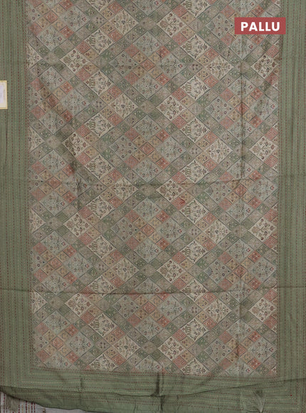 Semi tussar saree green shade and green with allover prints and kantha stitch work border