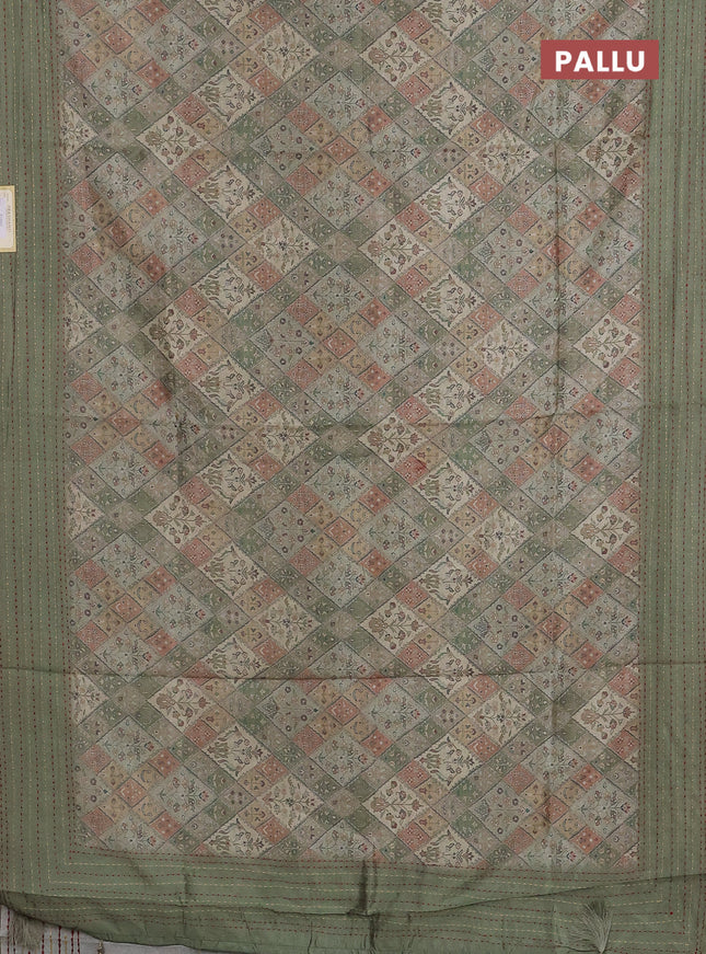 Semi tussar saree green shade and green with allover prints and kantha stitch work border