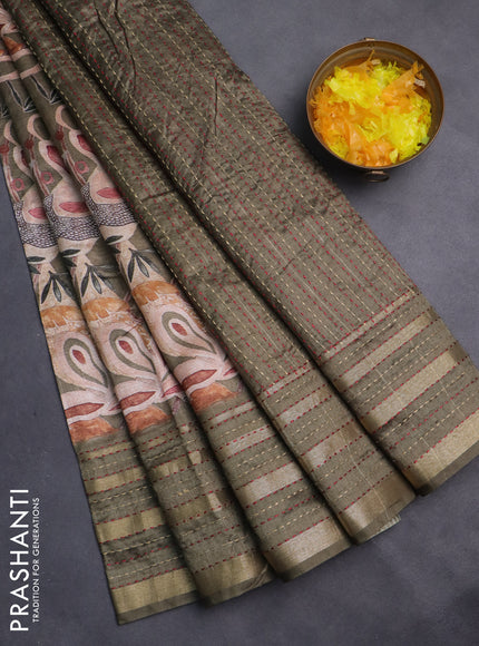 Semi tussar saree sap green with allover prints and kantha stitch work border