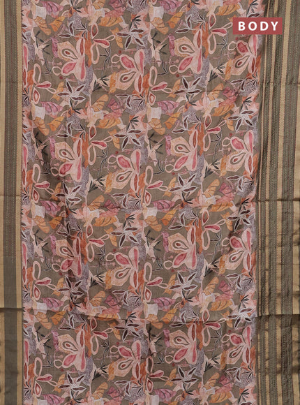 Semi tussar saree sap green with allover prints and kantha stitch work border