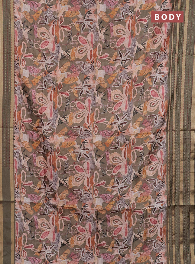 Semi tussar saree sap green with allover prints and kantha stitch work border