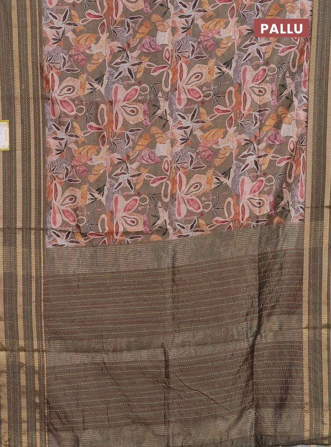 Semi tussar saree sap green with allover prints and kantha stitch work border