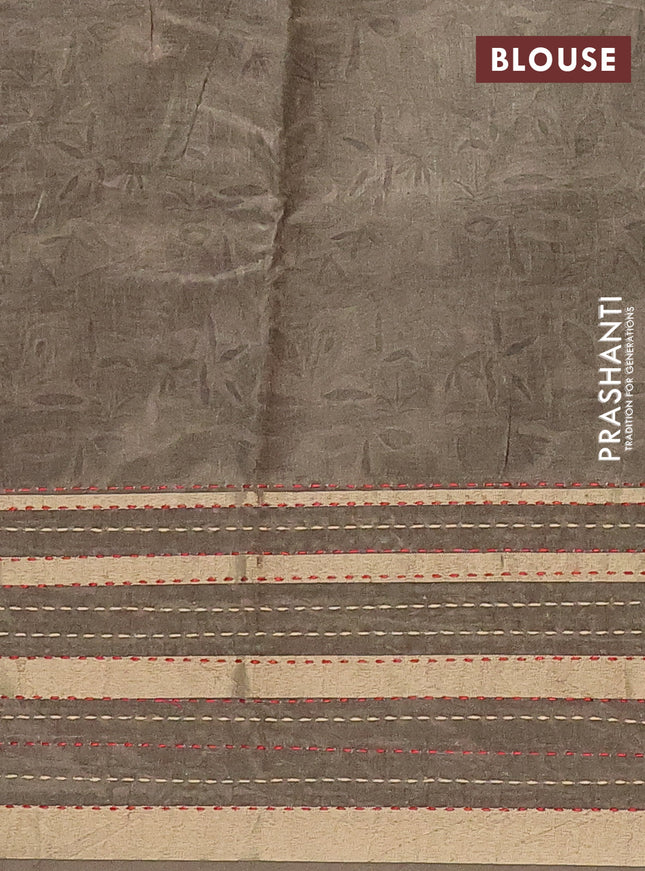 Semi tussar saree sap green with allover prints and kantha stitch work border