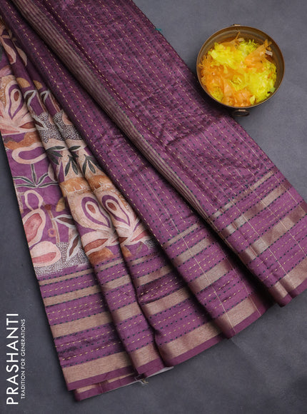 Semi tussar saree wine shade with allover prints and kantha stitch work border