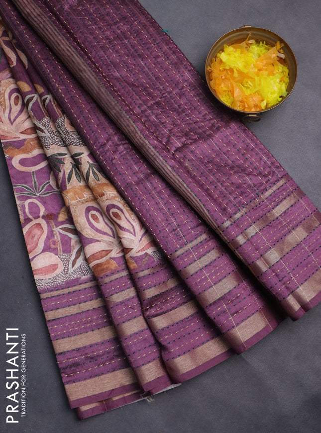 Semi tussar saree wine shade with allover prints and kantha stitch work border