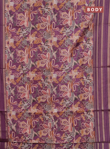 Semi tussar saree wine shade with allover prints and kantha stitch work border