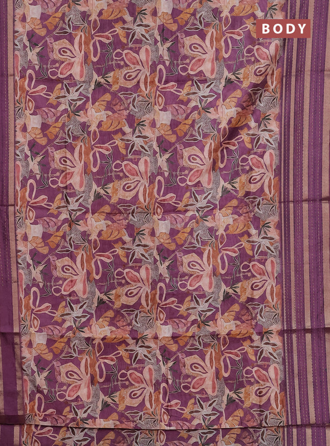 Semi tussar saree wine shade with allover prints and kantha stitch work border