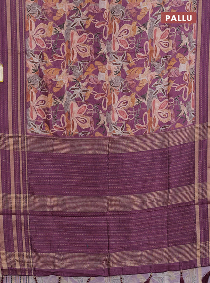 Semi tussar saree wine shade with allover prints and kantha stitch work border