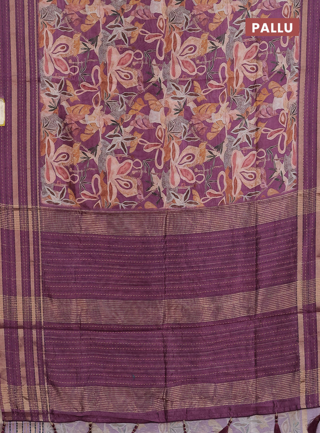 Semi tussar saree wine shade with allover prints and kantha stitch work border