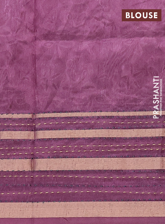 Semi tussar saree wine shade with allover prints and kantha stitch work border